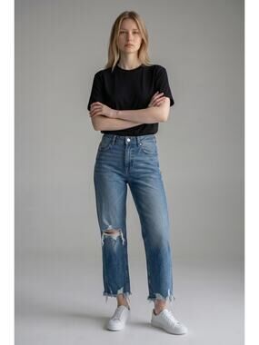 Lovervet Straight Leg Jeans Womens 30/11 Blue Stretch Denim Distressed Raw Hem